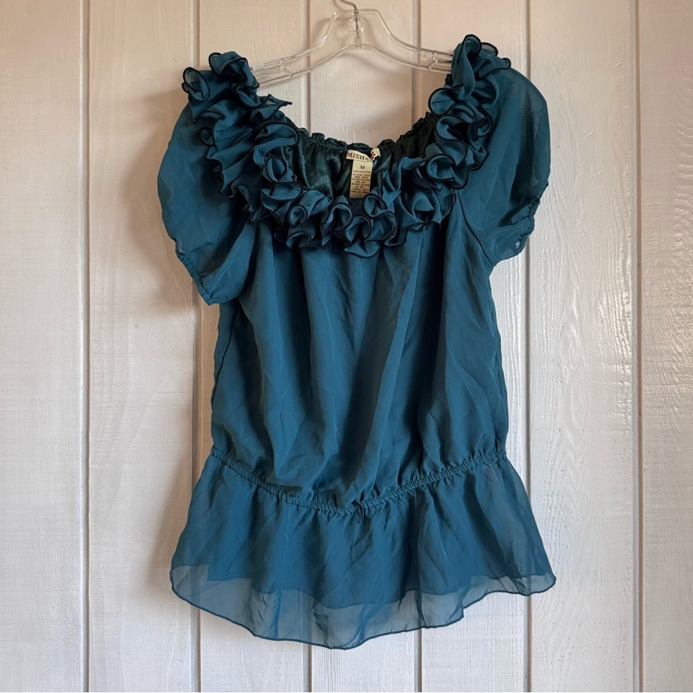 Misha Y2K Teal Ruffled Blouse